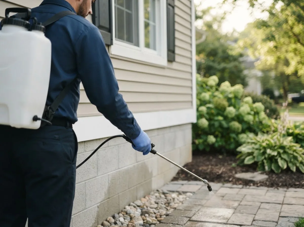 Pest control technician inspecting a home in Reading, MI